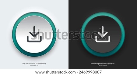 A set of black and white round buttons with download symbols. Download vector icon in trendy neumorphic style. 3D Neumorphism design style for Apps, Websites, Interfaces and mobile app menu.