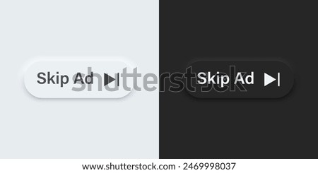 A set of black and white bar buttons with Skip ad symbols. Skip ad vector icon in trendy neumorphic style. 3D Neumorphism design style for Apps, Websites, Interfaces and mobile app menu.