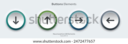 Direction sign. A set of white round buttons with direction symbols.  The arrow up, down, right left icon. 3D Neumorphism design style for Apps, Websites, Interfaces, and mobile apps. UI UX.