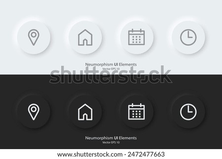 Appointment sign. A set of black and white round buttons with appointment symbols. Location, address, date and time icon. 3D Neumorphism design style for Websites, Interfaces, and mobile apps. UI UX.