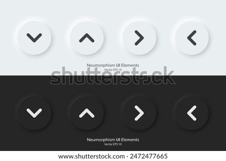 Direction sign. A set of black and white round buttons with direction symbols. The arrow up, down, right, left icon. 3D Neumorphism design style for Apps, Websites, Interfaces, and mobile apps. UI UX.