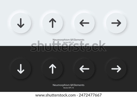 Direction sign. A set of black and white round buttons with direction symbols. The arrow up, down, right, left icon. 3D Neumorphism design style for Apps, Websites, Interfaces, and mobile apps. UI UX.