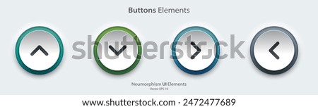 Direction sign. A set of white round buttons with direction symbols.  The arrow up, down, right left icon. 3D Neumorphism design style for Apps, Websites, Interfaces, and mobile apps. UI UX.