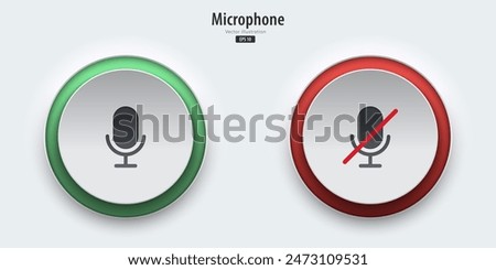 Microphone sign. A set of white push buttons with on and off microphone symbols. 3D Neumorphism design style for Apps, Websites, Interfaces, and mobile apps. UI UX. Vector illustration.