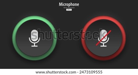 Microphone sign. A set of black push buttons with on and off microphone symbols. 3D Neumorphism design style for Apps, Websites, Interfaces, and mobile apps. UI UX. Vector illustration.