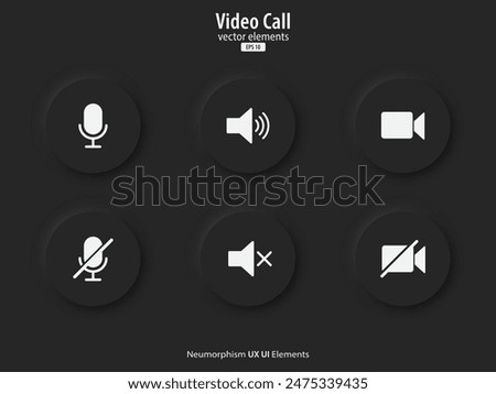 Video call icon. A set of black round buttons with a mic, volume and camera symbols. 3D icon in trendy neumorphic style for apps, websites, and interfaces. UI UX elements. Vector illustration.