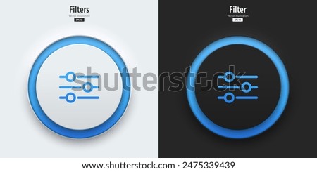 Filter icon. A set of black and white buttons have blue neon lights with a filter symbol. Icon in trendy neumorphic style for apps, websites, and interfaces.  UI UX element. Vector illustration.