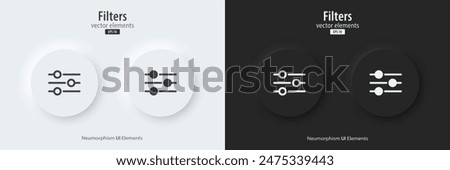 3D Filter icon. A set of black and white round buttons with Filter symbol. Icon in trendy neumorphic style for apps, websites, and interfaces.  UI UX element. Vector illustration.