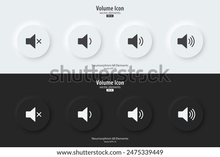 Level volume icon. A set of black and white round buttons with a level volume symbols. 3D icon in trendy neumorphic style for apps, websites, and interfaces. UI UX elements. Vector illustration.