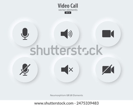 Video call icon. A set of white round buttons with a mic, volume and camera symbols. 3D icon in trendy neumorphic style for apps, websites, and interfaces. UI UX elements. Vector illustration.
