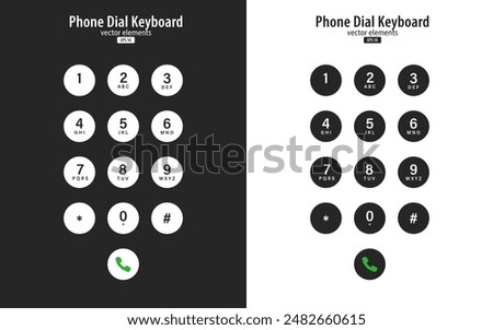 Set of black and white smartphone dial keypad design. Mobile phone numbers panel with numbers and letters. Dial buttons user interface display design. UX UI. Vector illustration.