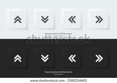 Direction sign. A set of black and white square buttons with direction symbols. The arrow up, down, right, left icon. 3D Neumorphism design style for Apps, Websites, Interface, and mobile apps. UI UX.