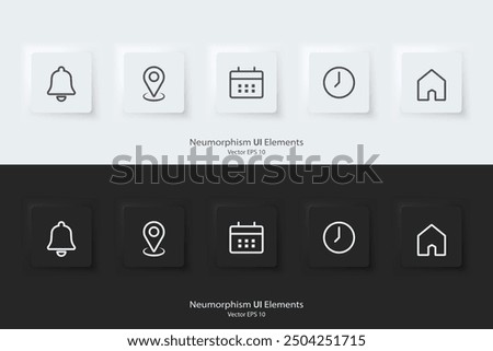 Notification, location, date, time, and address icon. Line icon. A set of square buttons with symbols. 3d  Neumorphism element design for apps, websites, and Interfaces. UI UX. Vector illustration.