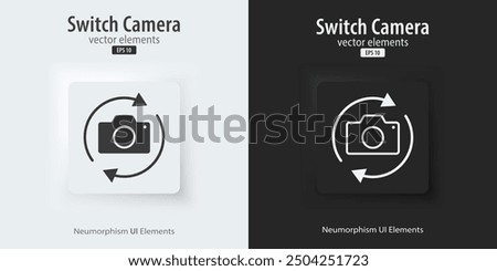 Flip and switch the camera icon. Flat and line icon. A set of square buttons with symbols. 3d Neumorphism element design for apps, websites, and Interfaces. UI UX. Vector illustration.