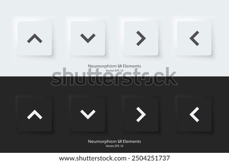 Arrow sign icon. Up down left right sign. A set of square buttons with symbols. 3D icon in trendy neumorphic style for apps and websites. UI UX elements. Vector illustration.