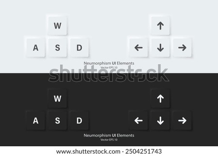 Direction w, a, s, d and arrow icon. Key up down left right sign. A set of square buttons with symbols. 3D icon in trendy neumorphic style for apps and websites. UI UX elements. Vector illustration.