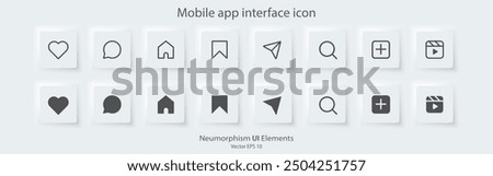 Social media icons set. Flat and line icon. A set of square buttons with symbols. 3D Neumorphism design style for apps, websites, and Interfaces. UI UX. Vector illustration.