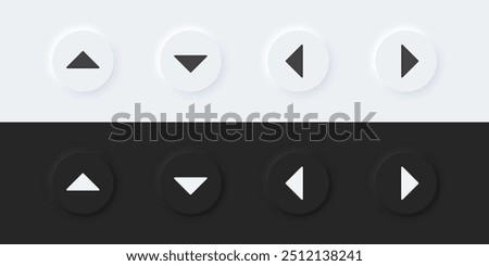 Arrow sign icon. Up down left right sign. A set of round buttons with symbols. 3D icon in trendy neumorphism style for apps and websites. UI UX elements. Vector illustration.