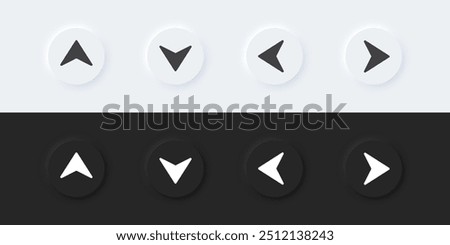 Arrow sign icon. Up down left right sign. A set of round buttons with symbols. 3D icon in trendy neumorphism style for apps and websites. UI UX elements. Vector illustration.