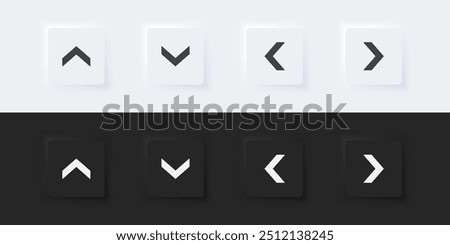 Arrow sign icon. Up down left right sign. A set of square buttons with symbols. 3D icon in trendy neumorphism style for apps and websites. UI UX elements. Vector illustration.