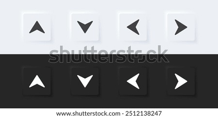 Arrow sign icon. Up down left right sign. A set of square buttons with symbols. 3D icon in trendy neumorphism style for apps and websites. UI UX elements. Vector illustration.