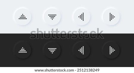 Arrow sign icon. Up down left right sign. A set of round buttons with symbols. 3D icon in trendy neumorphism style for apps and websites. UI UX elements. Vector illustration.