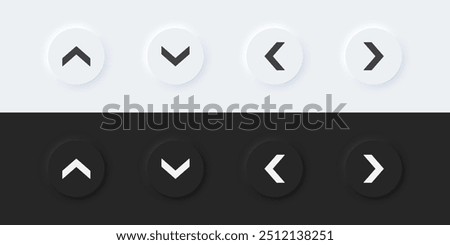 Arrow sign icon. Up down left right sign. A set of round buttons with symbols. 3D icon in trendy neumorphism style for apps and websites. UI UX elements. Vector illustration.