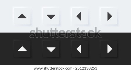 Arrow sign icon. Up down left right sign. A set of square buttons with symbols. 3D icon in trendy neumorphism style for apps and websites. UI UX elements. Vector illustration.