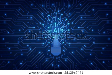 The light bulb circuit with AI chip on the circuit motherboard. Idea and innovation by AI. Artificial intelligence and Machine learning technology concept. Vector Illustration.