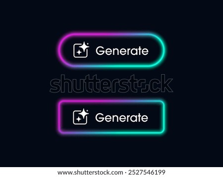 Generate AI button. Buttons neon color with Generate AI symbols. Artificial intelligence and machine learning technology concept. Press buttons to generate ideas Vector illustration.