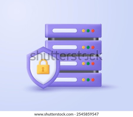 3D secure server icon. Server with lock on the shield. Minimalist 3D design of Data Center and data protection. 3D concept of Cybersecurity technology, vector illustration.