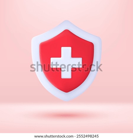 3D Medical shield with plus icon. Medical health protection concept and medical insurance. 3D render in cartoon style Isolated vector illustration.