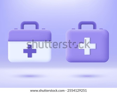 3D First aid medicine box with plus icon. Medicine box purple color minimal style. Concept of healthcare, medicine, and emergency. 3D render in cartoon style Isolated vector illustration.