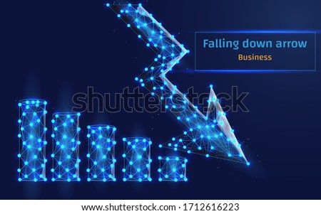 Arrow down which means falling stocks graph, negative scenario for business, problems in economy, global world crysis, financial troubles, etc.,plexus,vector illustration,wireframe,low poly,isolated