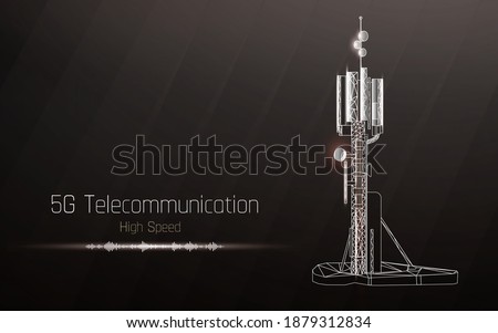 3d base station receiver. telecommunication tower 5g polygonal design global connection information transmitter. Mobile radio antenna cellular vector illustration, plexus,high speed,sound wave