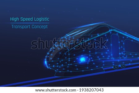modern high-speed train, passenger travel concept, cargo delivery, moving between countries on the tycoon's railroad. modern and future logistics technologies .wireframe, plexus,vector, dark-blue bg