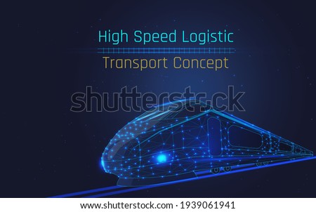 modern high-speed train, passenger travel concept, cargo delivery, moving between countries on the tycoon's railroad. modern and future logistics technologies .wireframe, plexus,vector, dark-blue bg