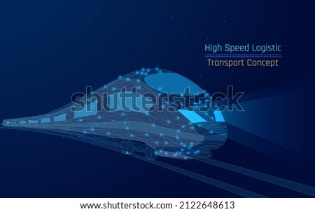 modern high-speed train, passenger travel concept, cargo delivery, moving between countries on the tycoon's railroad. modern and future logistics technologies .wireframe, plexus,vector, dark-blue bg
