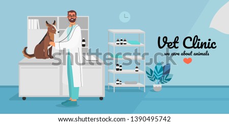 A veterinary male doctor examining a dog or a puppy with a 	stethoscope. Creative banner, flyer, landing page or a blog post for a vet clinic, veterinary office or hospital. 