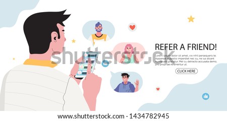 Refer a friend concept with a man holding a phone with a list of her friends contacts. Refferal marketing strategy  banner, landing page template, ui, web, mobile app, poster, banner, flyer.