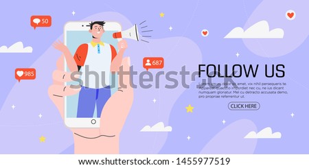 Vector illustration for internet advertisement. Hands holding smartphone with a man shouting in loud speaker. Influencer marketing, social media or network promotion, SMM  banner, landing page,flyer.