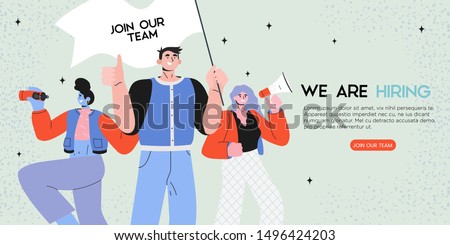 Vector illustration of people shouting in loud speaker and recruiting new employees, workers. We are hiring or job recruitment banner, poster, flyer or landing page concept for ui, web or mobile app.