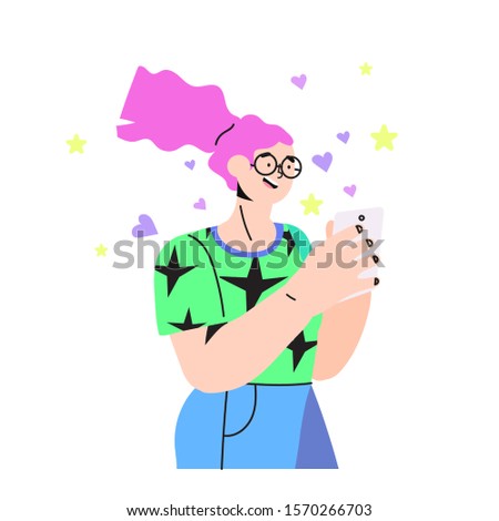 Vector stock illustration of a chatting girl blogger holding smartphone and recieving likes and replies from her subscribers isolated on a white background. Social media promotion, smm and blogging.