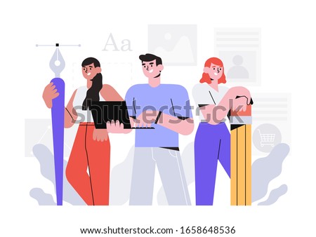 Creative team or design studio vector illustration. Man with laptop and two women with pencil and pen with anchor point. The concept of meet our team, about us for web design or ui.