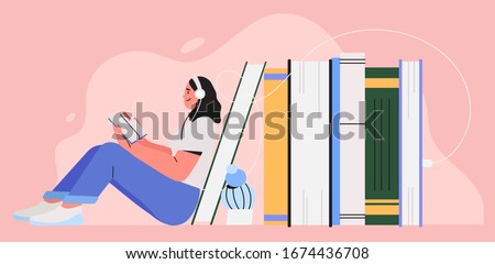 Girl sitting near pile of books with headphones and listen them online. Concept of online reading or library, e-book, online education. World book reading day cute illustration for banner, flyer, ad.