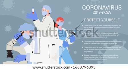 Doctor team or medical health care professionals fighting with coronavirus pandemic or coronavirus disease 2019 COVID-19. Informing people about self protective measures, treatment and prevention.