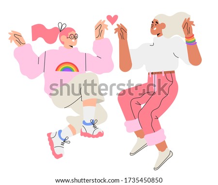 Two happy jumping woman in trendy flat style for print, emblem, logo isolated. Concept of lesbian or bisexual couple or marriage, best friends, lgbt, love and romance. Girl in jersey with rainbow.