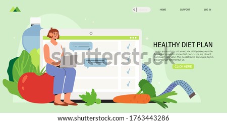Woman sits with laptop and plans her diet in online diary. Concept of healthy eating, personal diet or nutrition plan from dieting expert or online nutrition course or marathon preparation, for social media banner.