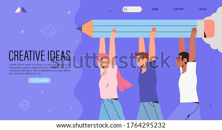 Group or team of creative likeminded  business people or designers hold big pencil. Creative banner, advertisement, web page, poster for web design studio or digital painting or educational courses. 