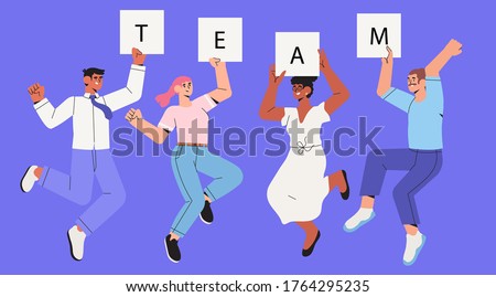 Company workers, colleagues, employees or coworkers jump cheerfully. Concept of team success, teambuilding, happy successful people jumping. Office characters or business team celebrating, dancing.
